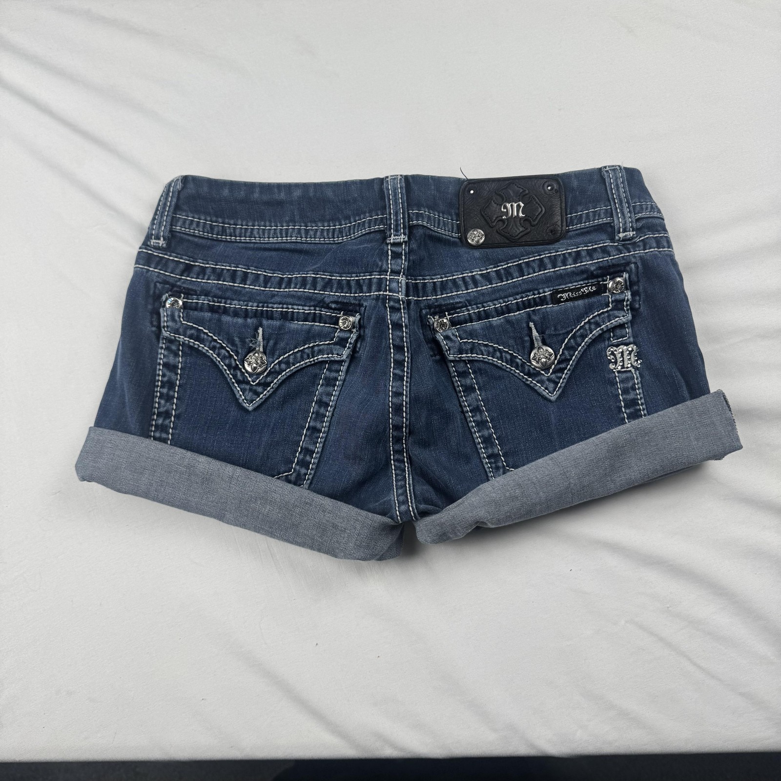Miss Me Denim Shorts Womens 30 Blue Rolled Cuff Embellished Pockets Casual
