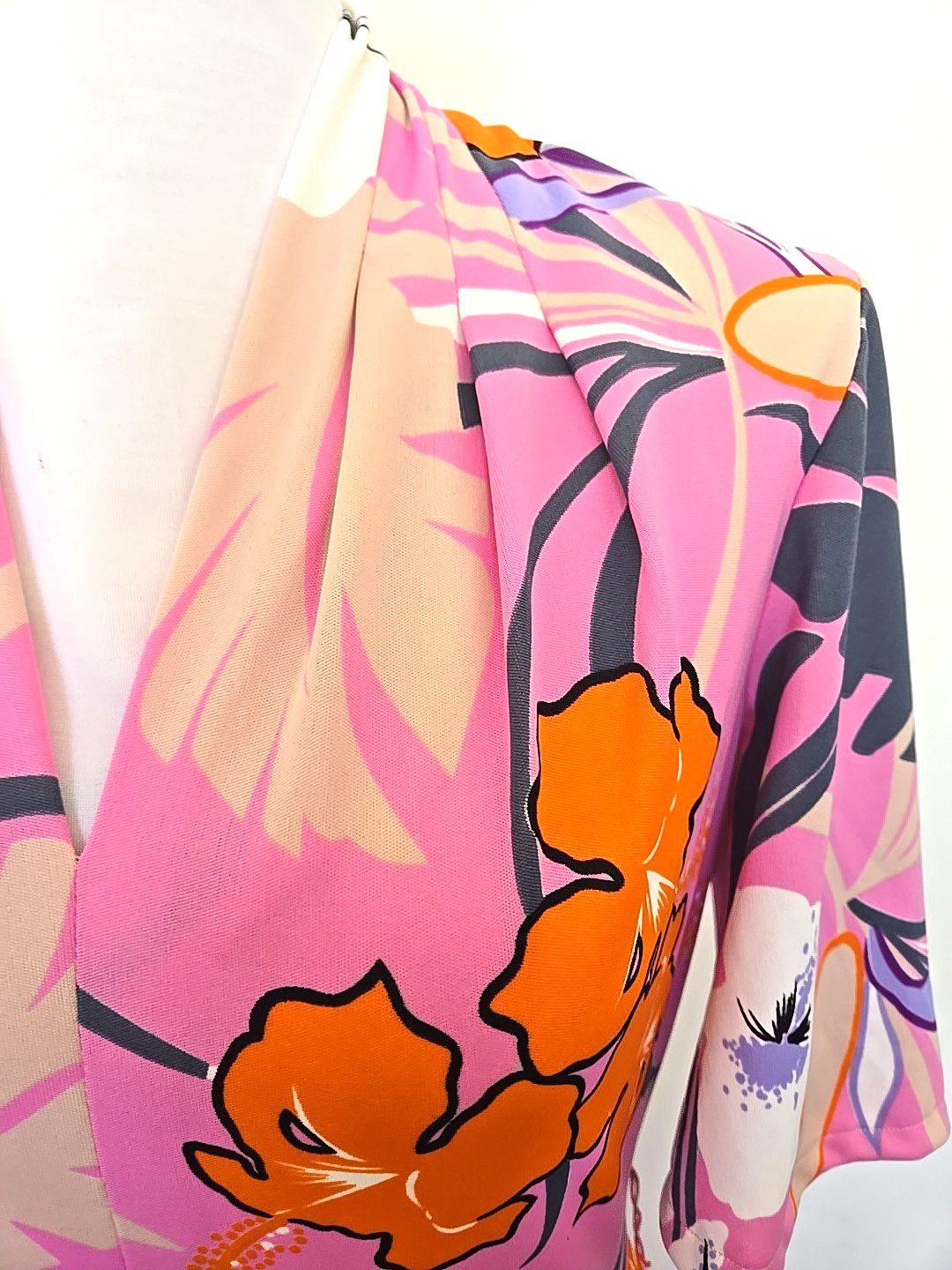 Psychedelic Tropical Floral Monstera Hibiscus Vneck Midi Hawaiin Dress S/M