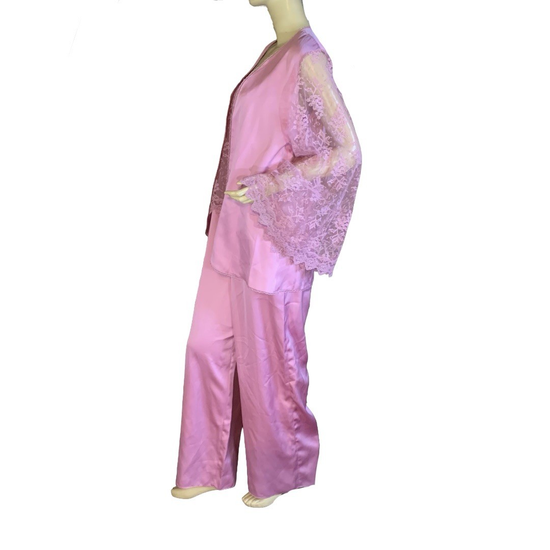 VINTAGE 1970’S GLYDONS HOLLYWOOD PINK SATIN & LACE PAJAMA SET NWT SIZE M/L