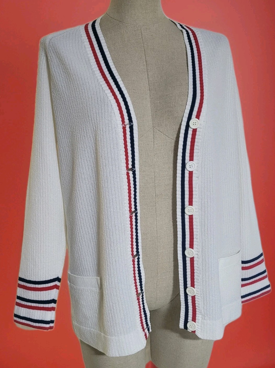 Vintage 80s 90s Womens Etonic Cardigan Sweater 40 M L Preppy Golf Tennis Striped