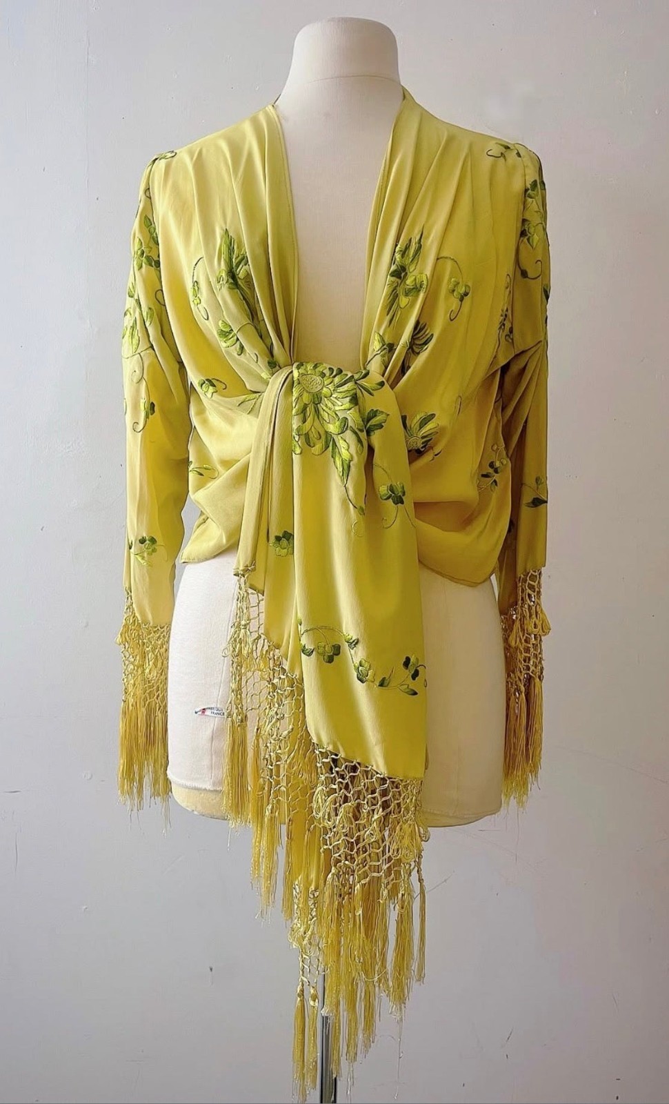 Vintage 60s Chartreuse Silk Embroidered Wrap Cardigan Fringe Cottagecore