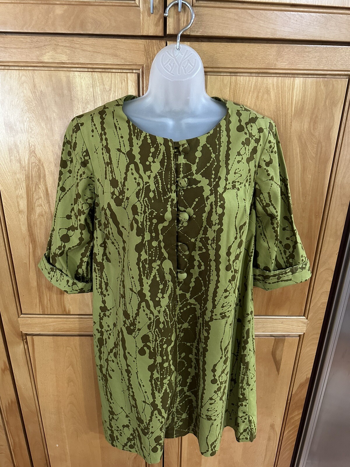 Vintage 70s Made In Hawaii M L 42” Hawaiian Twill Dress Green Loop Buttons