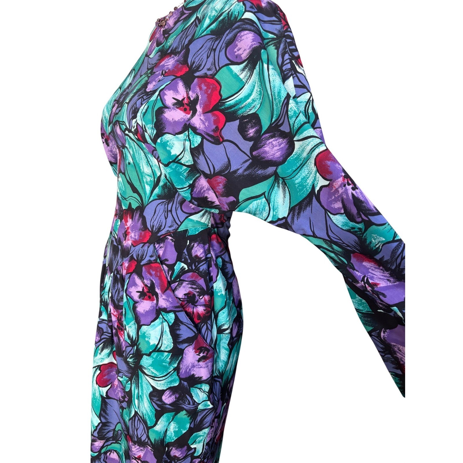 80s Floral Dolman Sleeve April Rain Dress M Teal Purple Multi Vintage