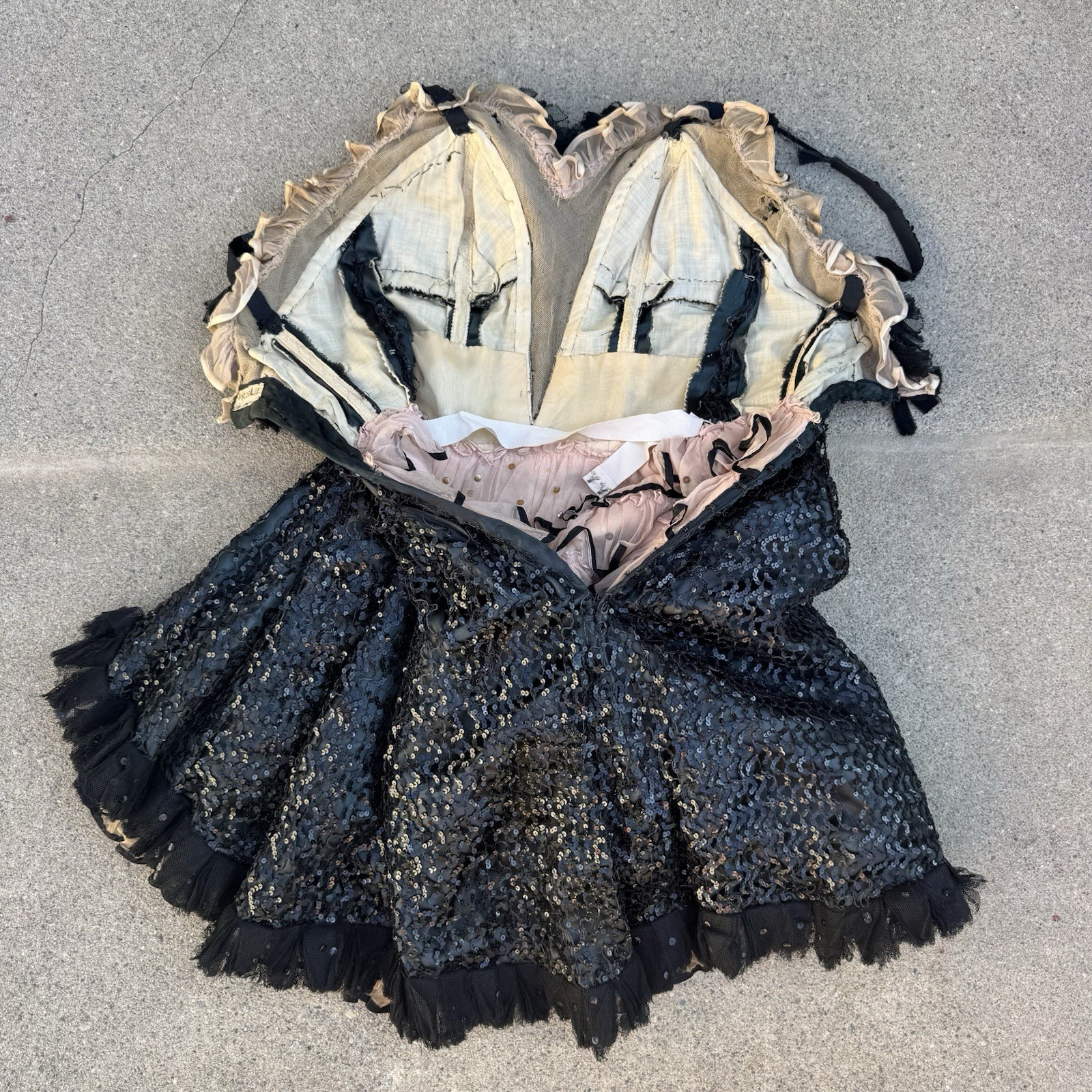Vintage 1930s Sequin, Satin & Ruffle Paramount Showgirl Dress Burlesque Corset