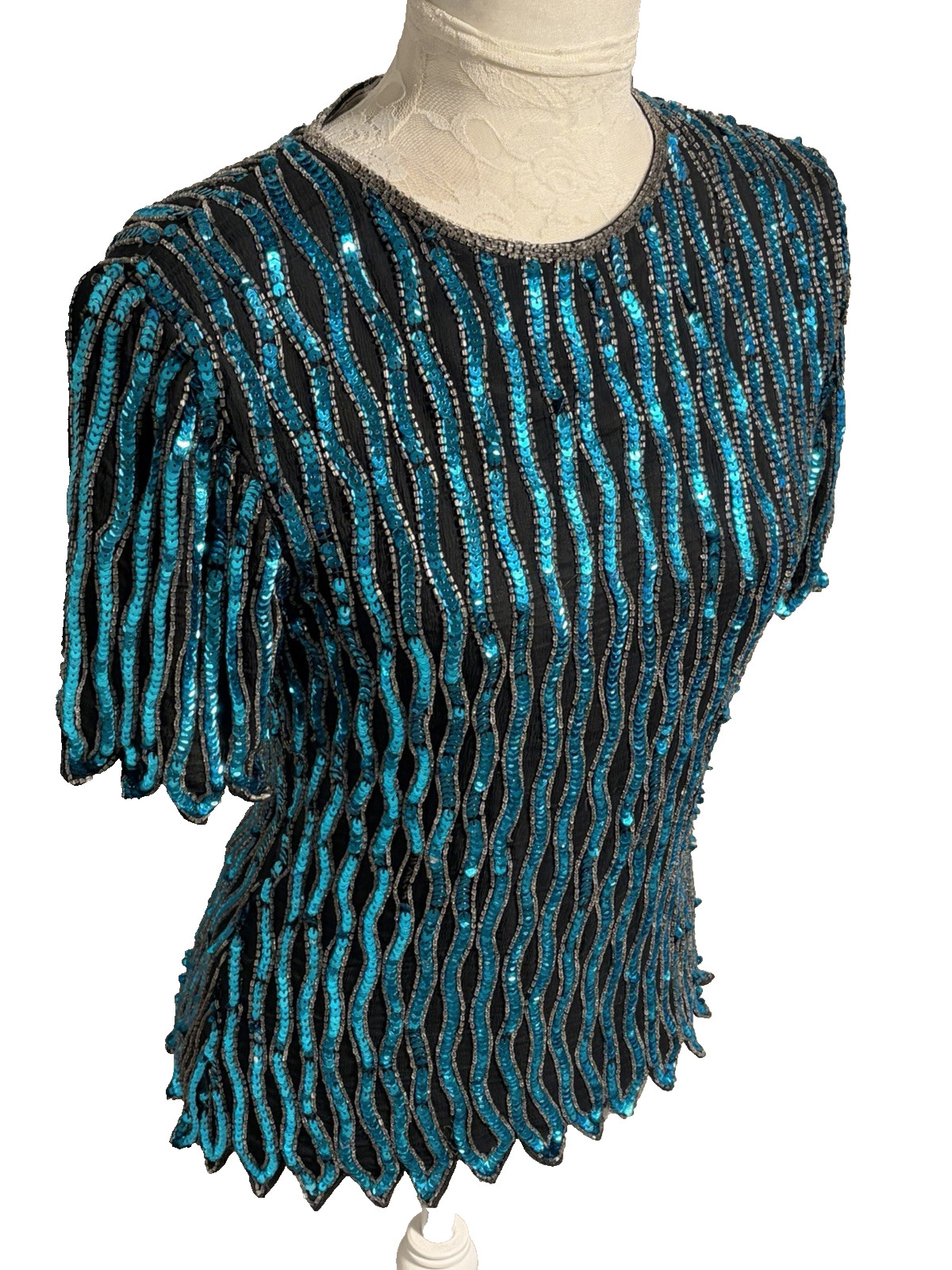 Vtg Stenay Silk Sequin Beaded Top~S~Turquoise Mermaid Hem Evening Formal Cruise