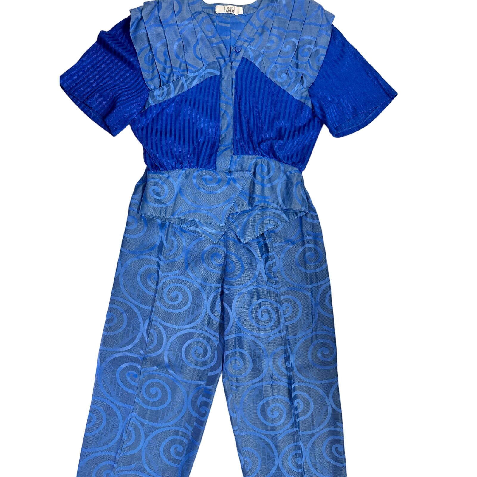 VTG Giusi Slaviero Italy Sapphire Blue Damask Silk Pant Suit Sz M Designer