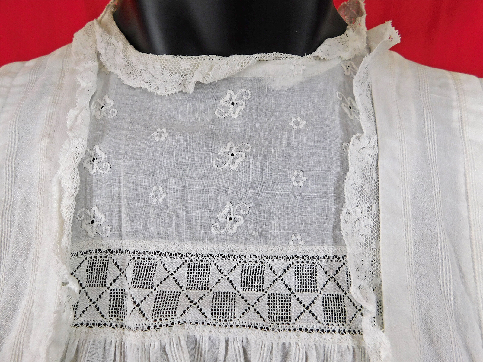 Vintage Edwardian White Cotton Pique Whitework Filet Lace Trim Tea Gown Dress