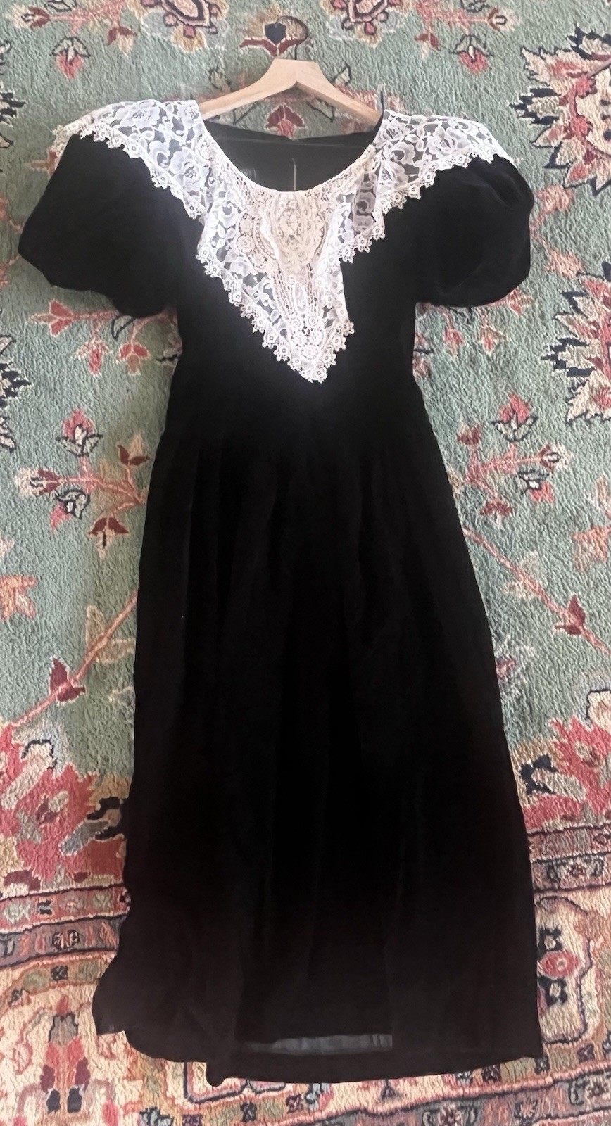 Vintage Cachet by Bari Protas Black Velvet Lace Collar Dress 80s Victoriana 5/6