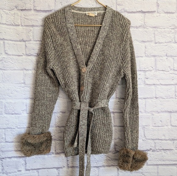 Vintage 70s Belted Cardigan Sweater M Gray Brown Fur Cuffs Banff Bohemian Glam