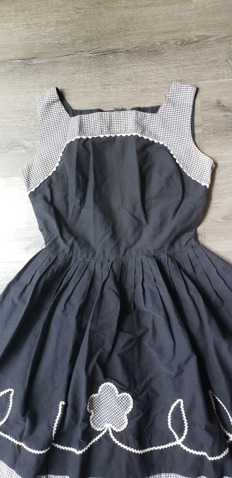 VTG 50s Black Gingham Rockabilly Dress Sz XS/S? Fit Flare Pinup Trad Wife DAMAGE