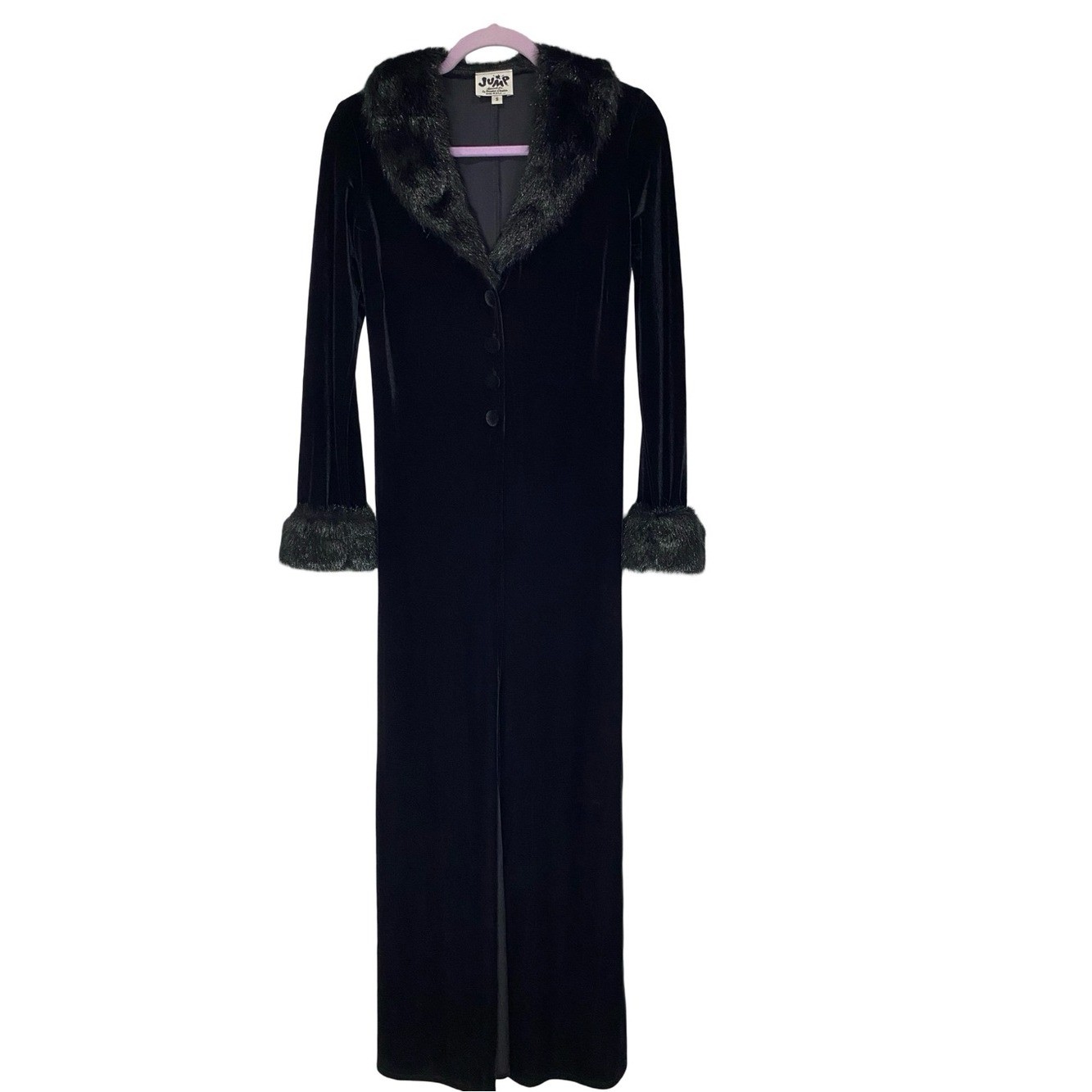 Vintage 90s Jump Apparel Black Velvet Faux Fur Trim Maxi Duster Cardigan