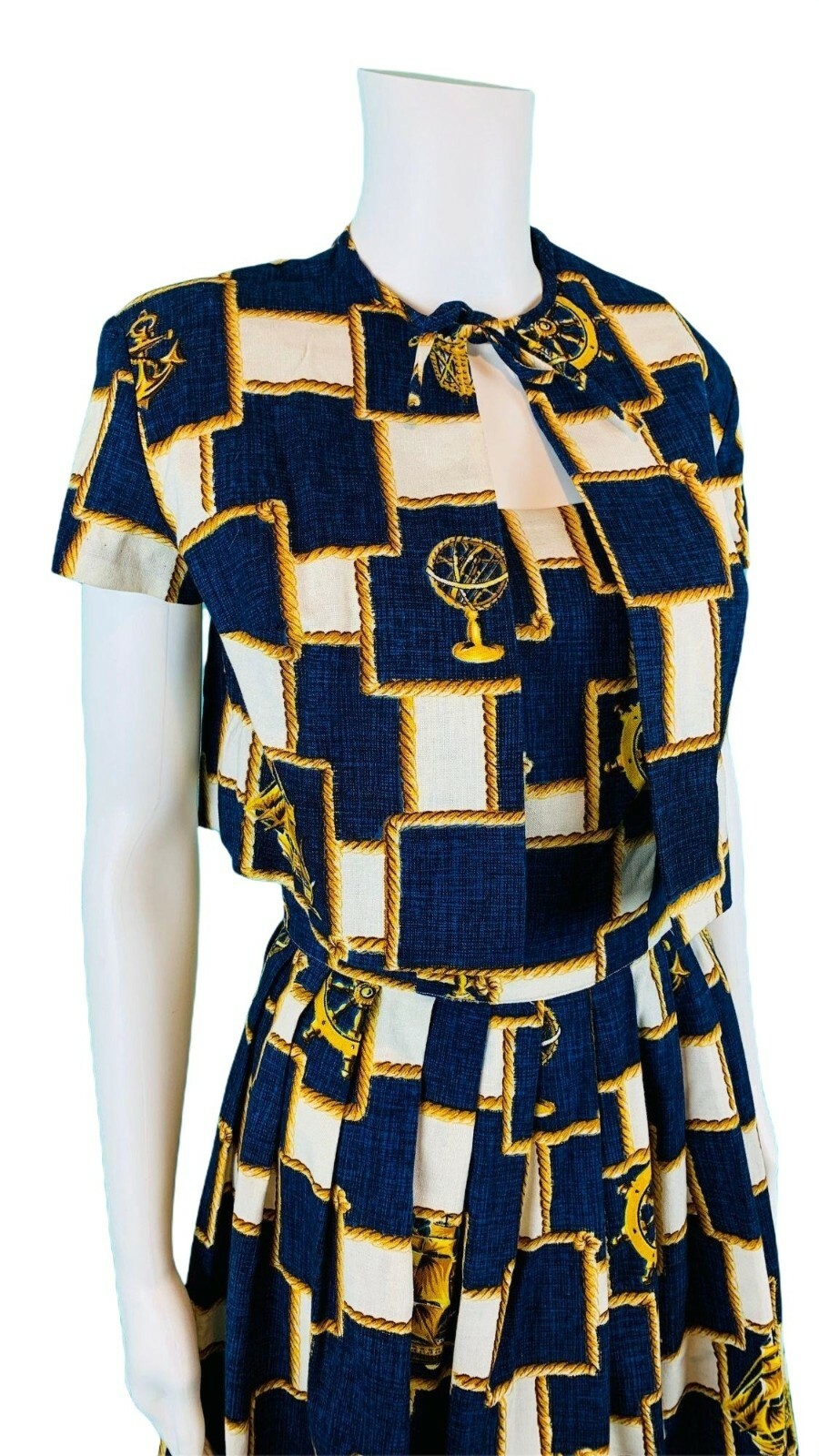 Vintage 1950s Nautical Novelty Print Dress Capelet Sundress Set W 25″