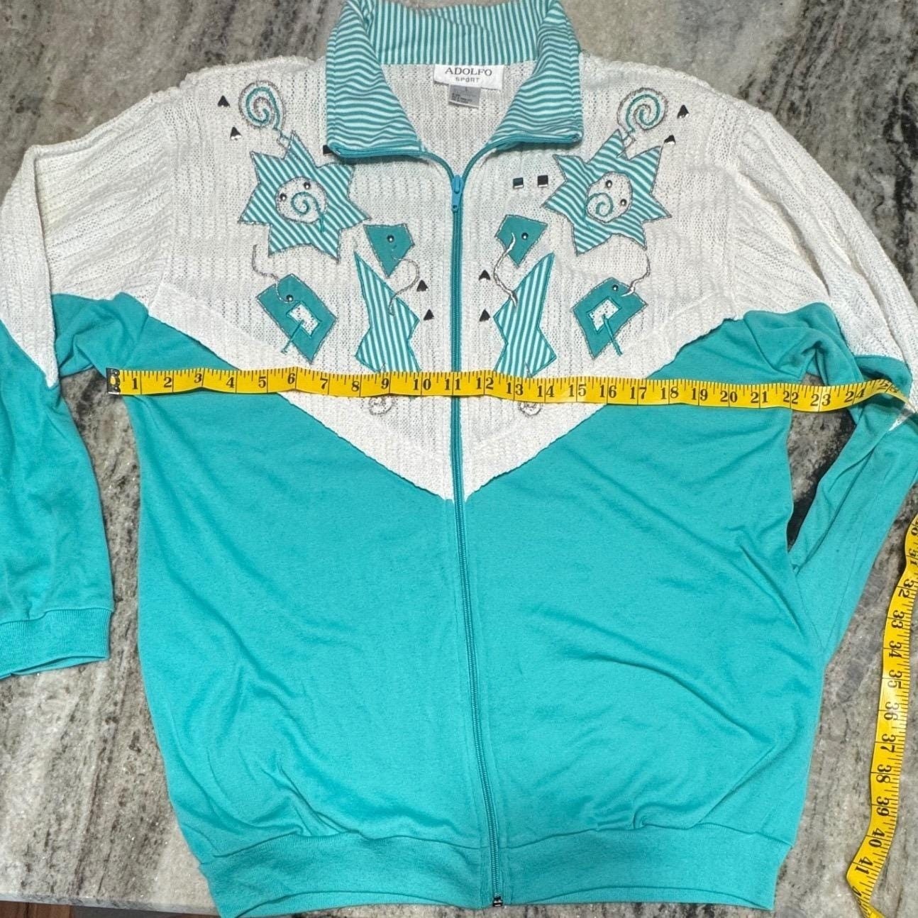 Vintage Adolfo Sport Jacket Womens L Turquoise Colorblock Geometric crochet 80s