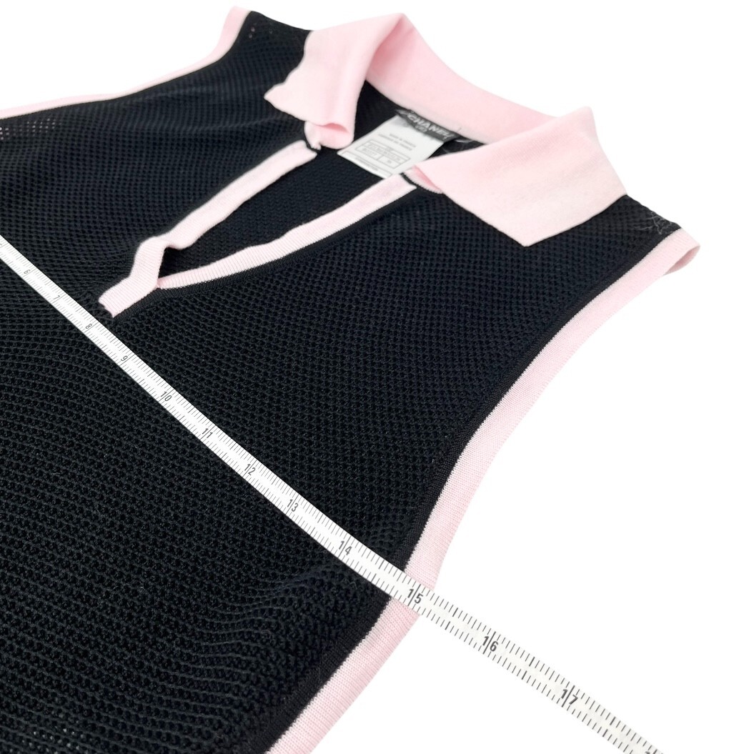 CHANEL Vintage 03P CC Logo Mesh Knit Tank Top #38 Black Pink Cotton Rank AB+