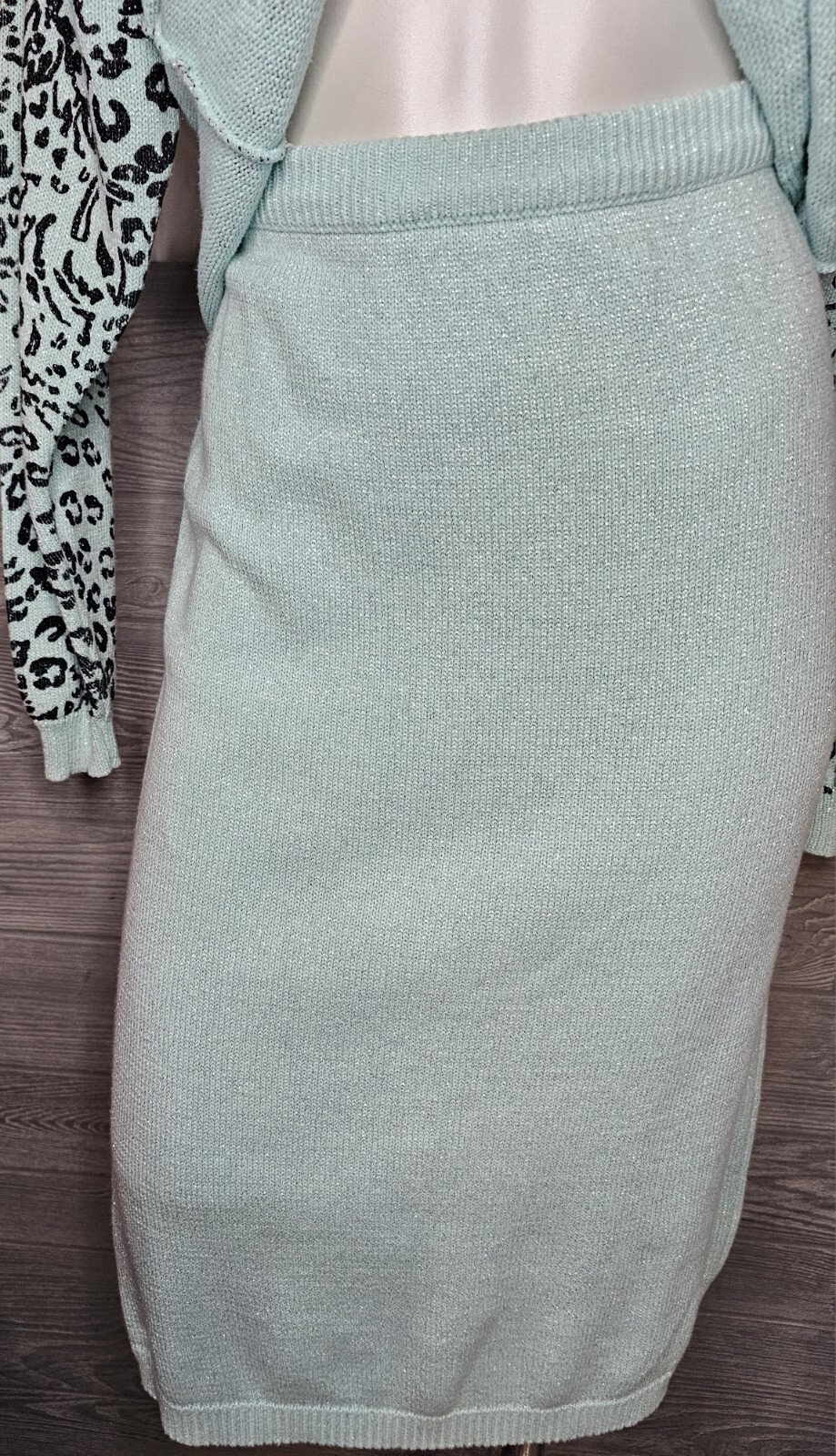 80S VINTAGE NANNELL MOLTO FINO LEOPARD CHEETAH Aqua KNIT SWEATER SKIRT 2 PC SET