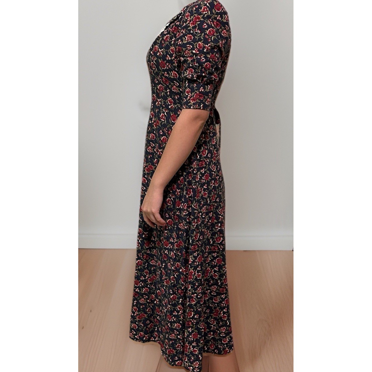 Sarah Richards Vintage 90s Midi Dress Floral Size 5 Crochet Butterfly Collar