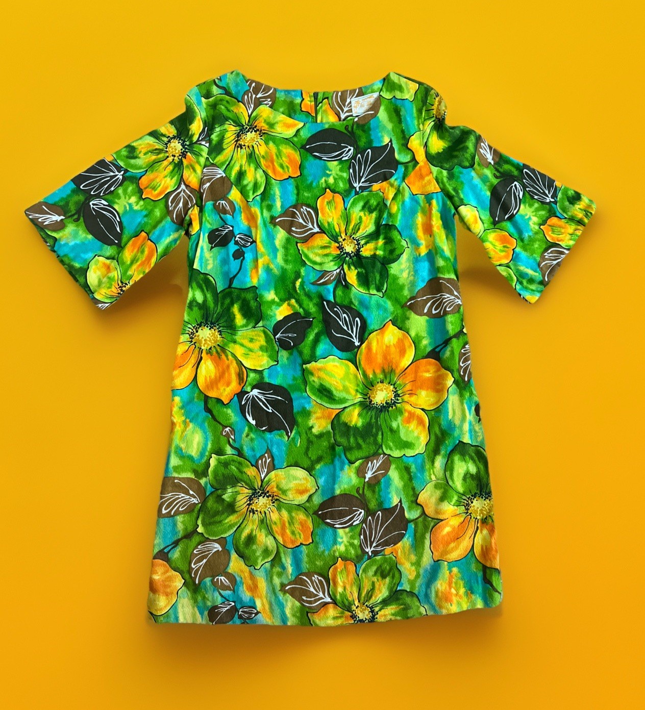 Vintage 60s Ui-Maikai Barkcloth Tiki Mini Dress 3/4 Bell Sleeveless Hawaii M