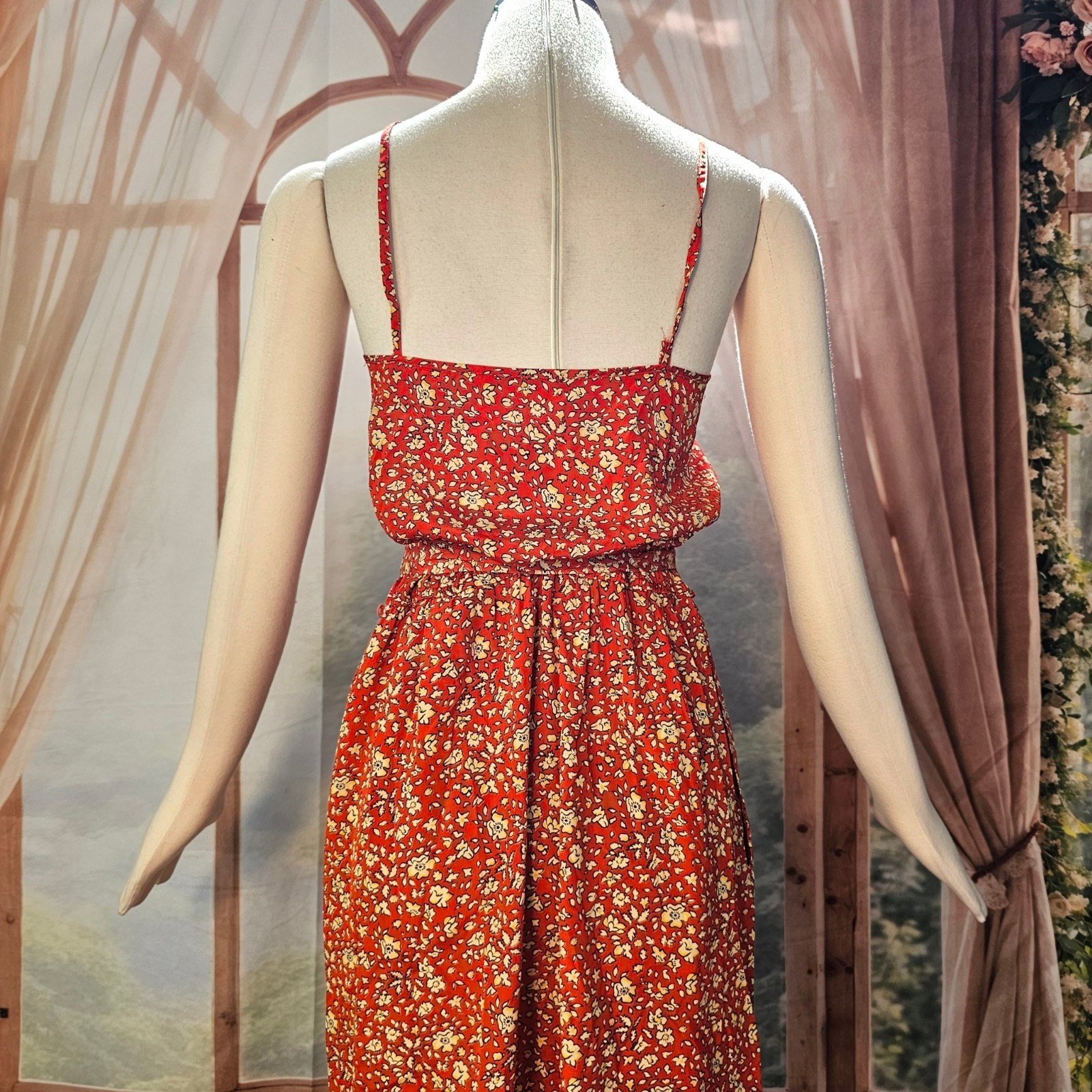 Vintage 1970s Dress Sundress Spaghetti Straps Tie Belt Red Cream Floral Boho