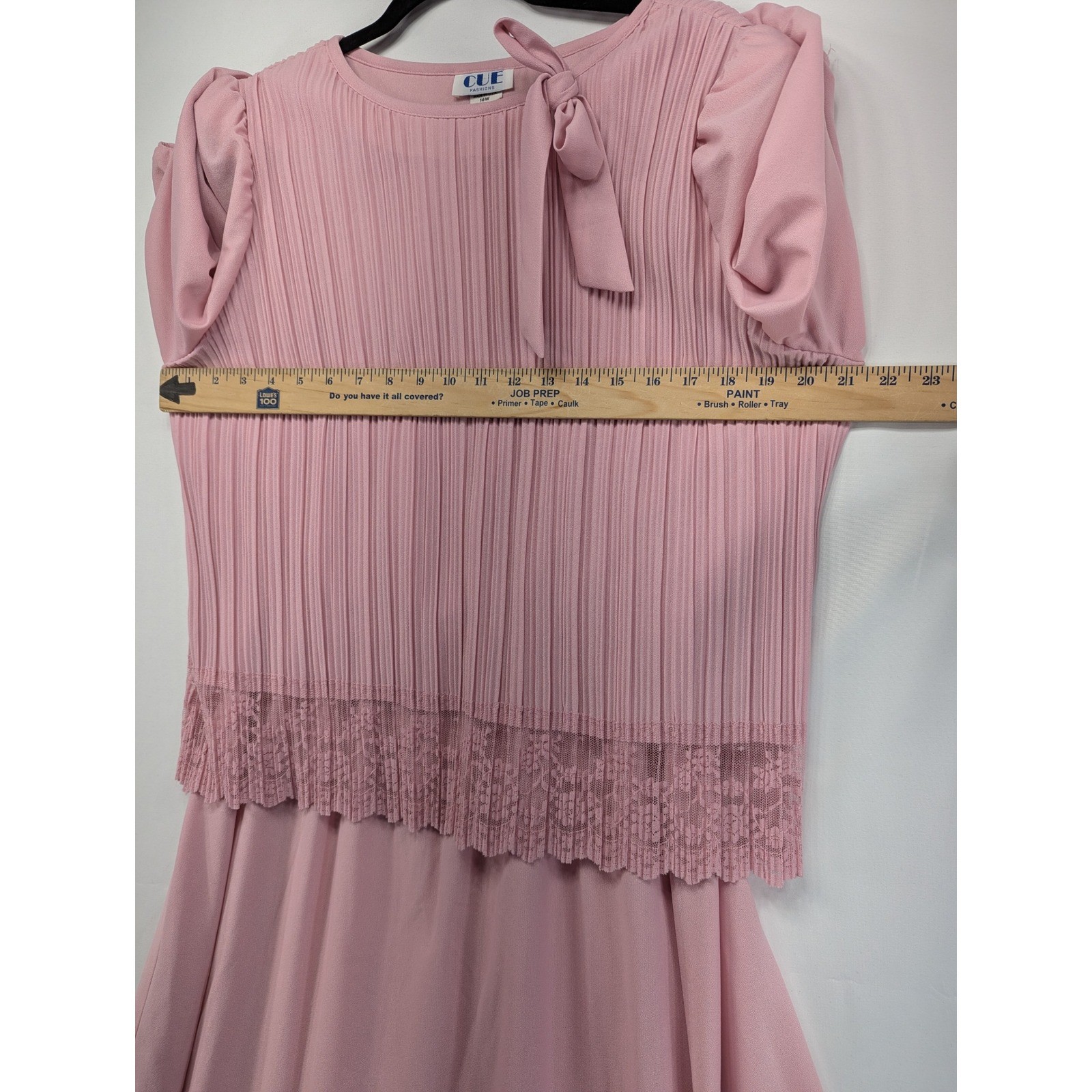 Cue Fashions Vintage Pink Pleated Lace Trim Midi Dress 16W Made in USA Pussybow