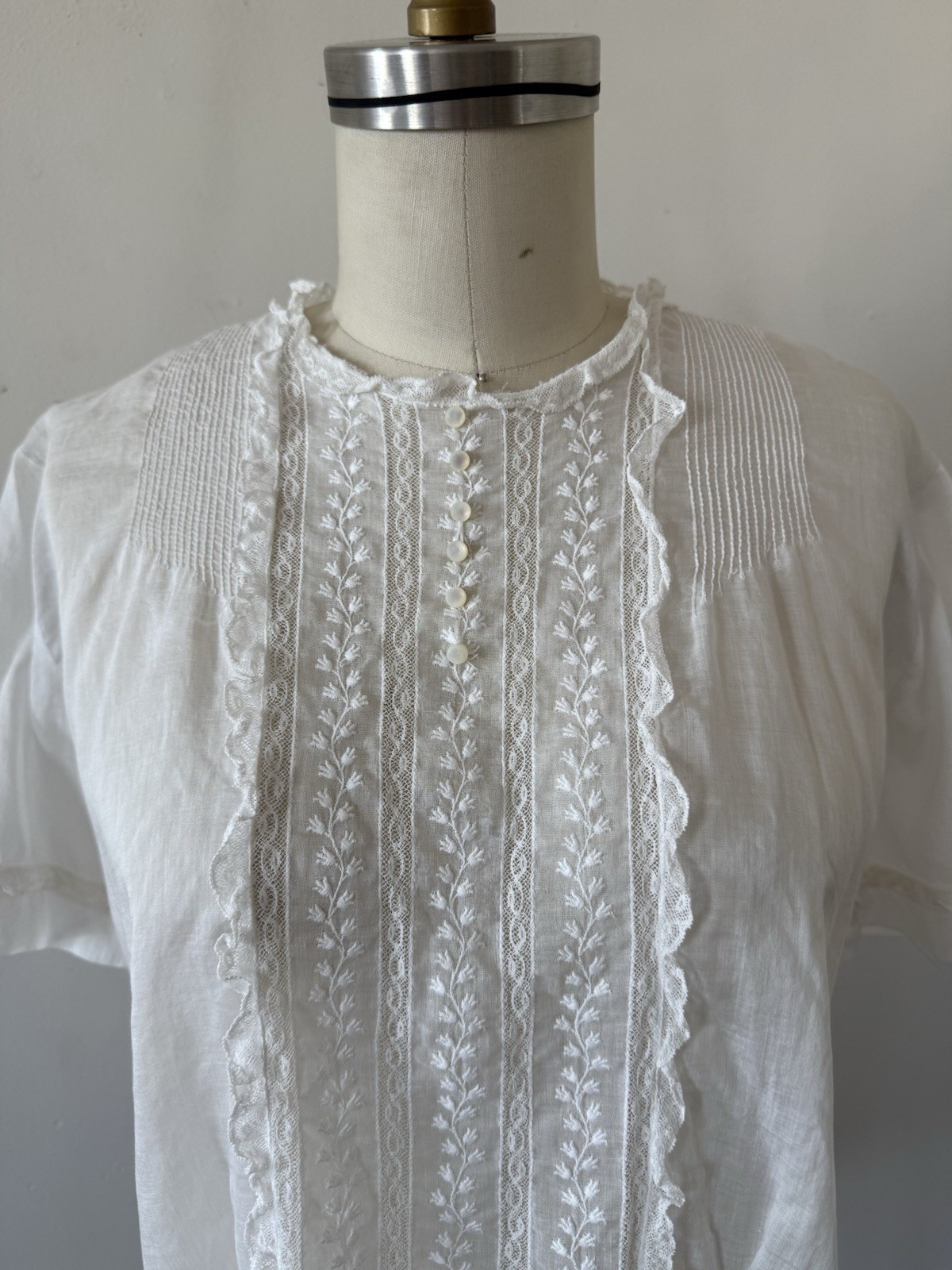 Antique Edwardian 1910s Sheer While Cotton Voile Blouse Embroidered Lace Panels