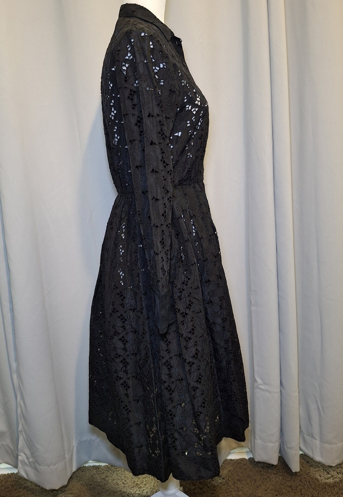 Vintage Black AFL CIO Union Made Lace Dress Classic Cinched Waist Flared Skirt