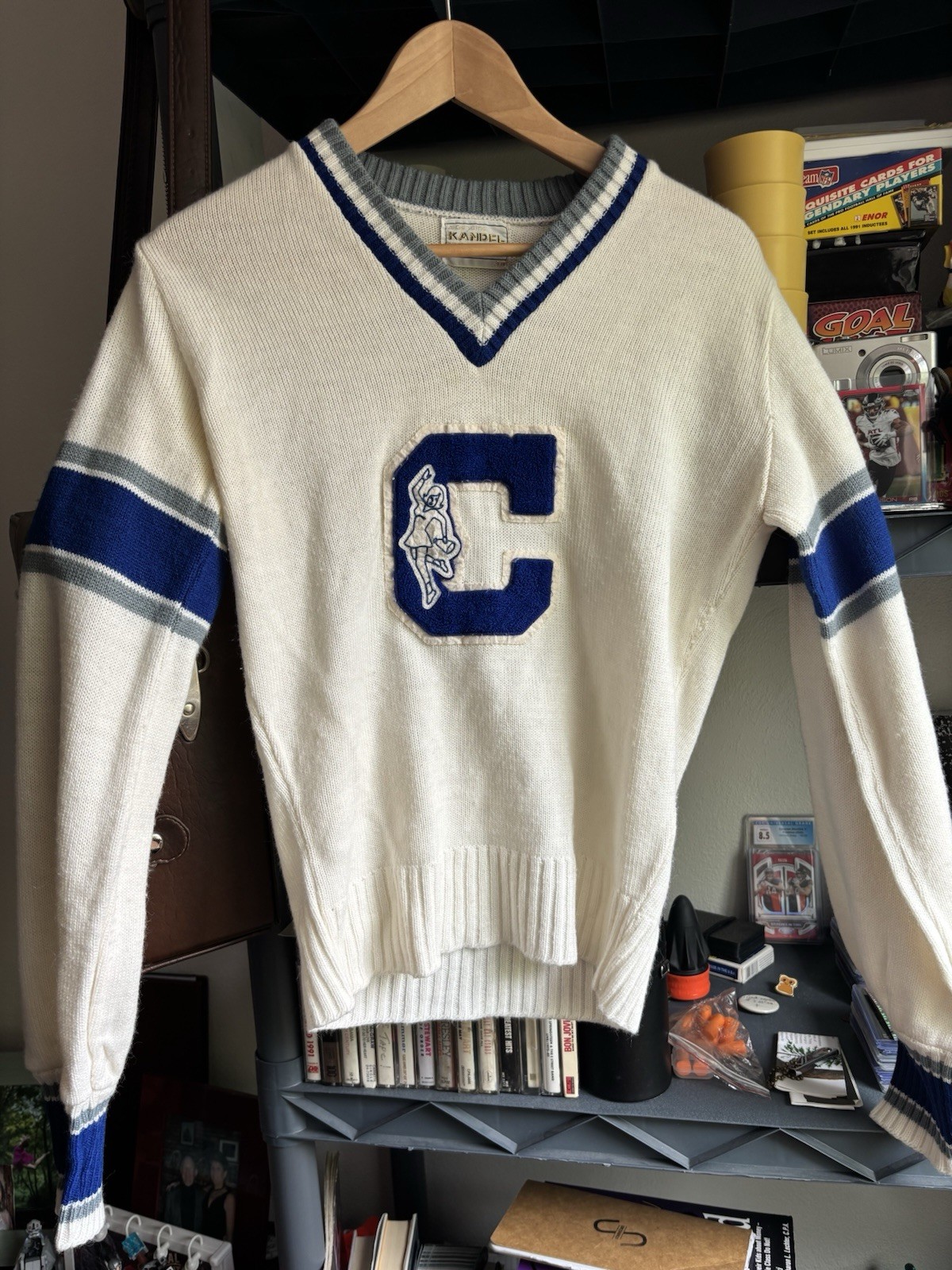 VTG 70s Kandel Cheer Sweater V Neck White Blue Striped Varsity Sz 38