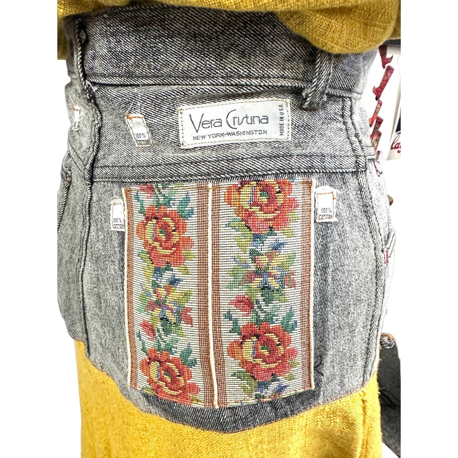 Vera Cristina NY VTG 1980s Skirt & Top Set Yellow Linen Gray Denim Beaded Sz M