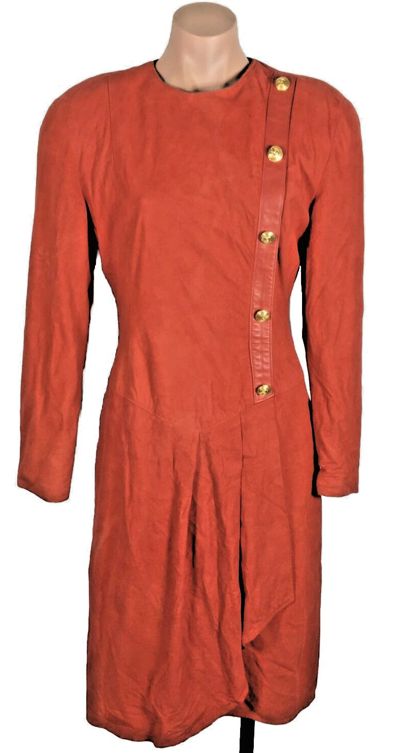 VINTAGE 80s VAKKO RED LEATHER DRESS Suede butter soft 6 Asymmetrical Drop Waist
