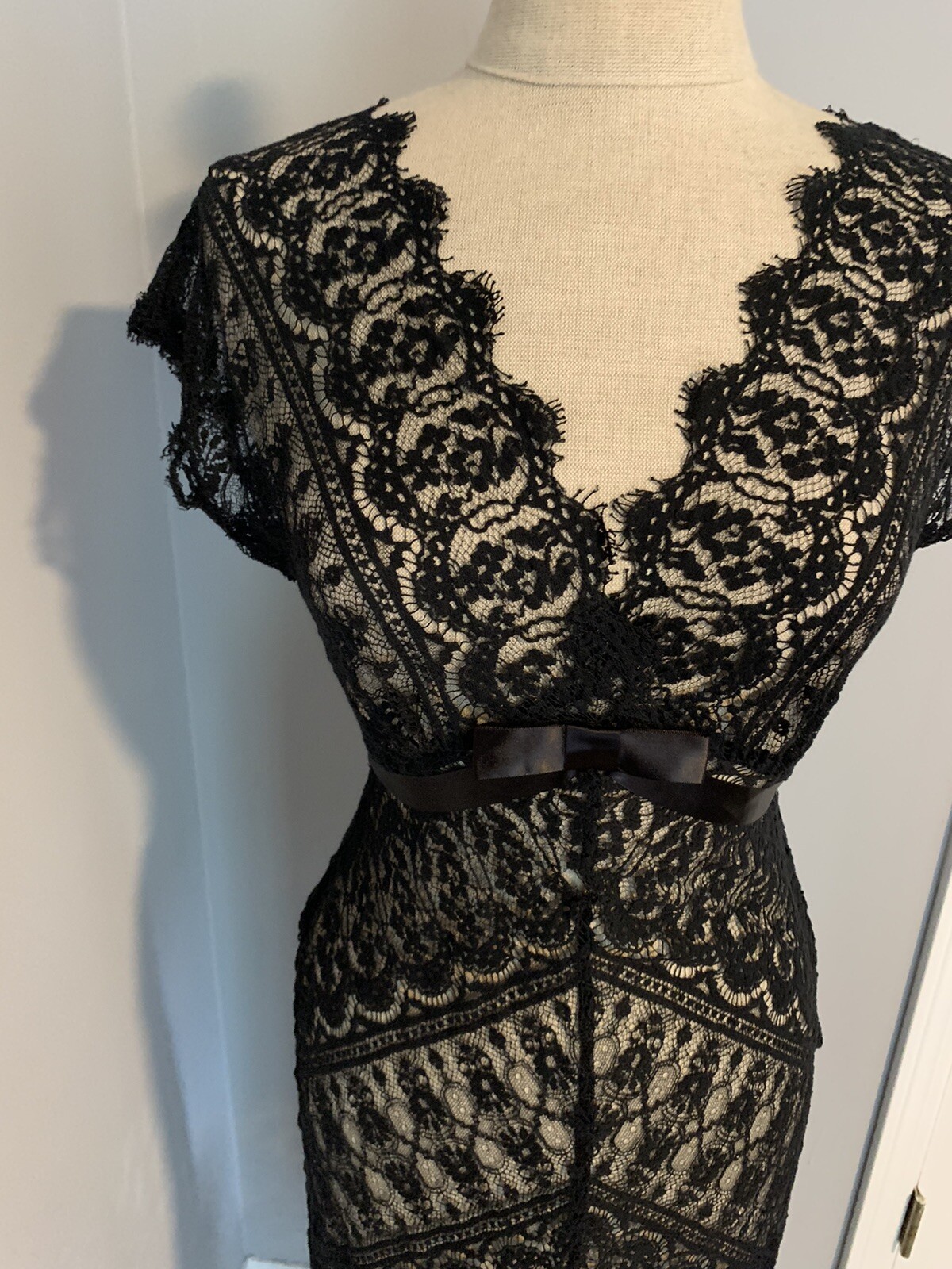 Vintage 90s Does Victorian Black Lace Gothic Gown Satin Bow Vampire Boho Y2K