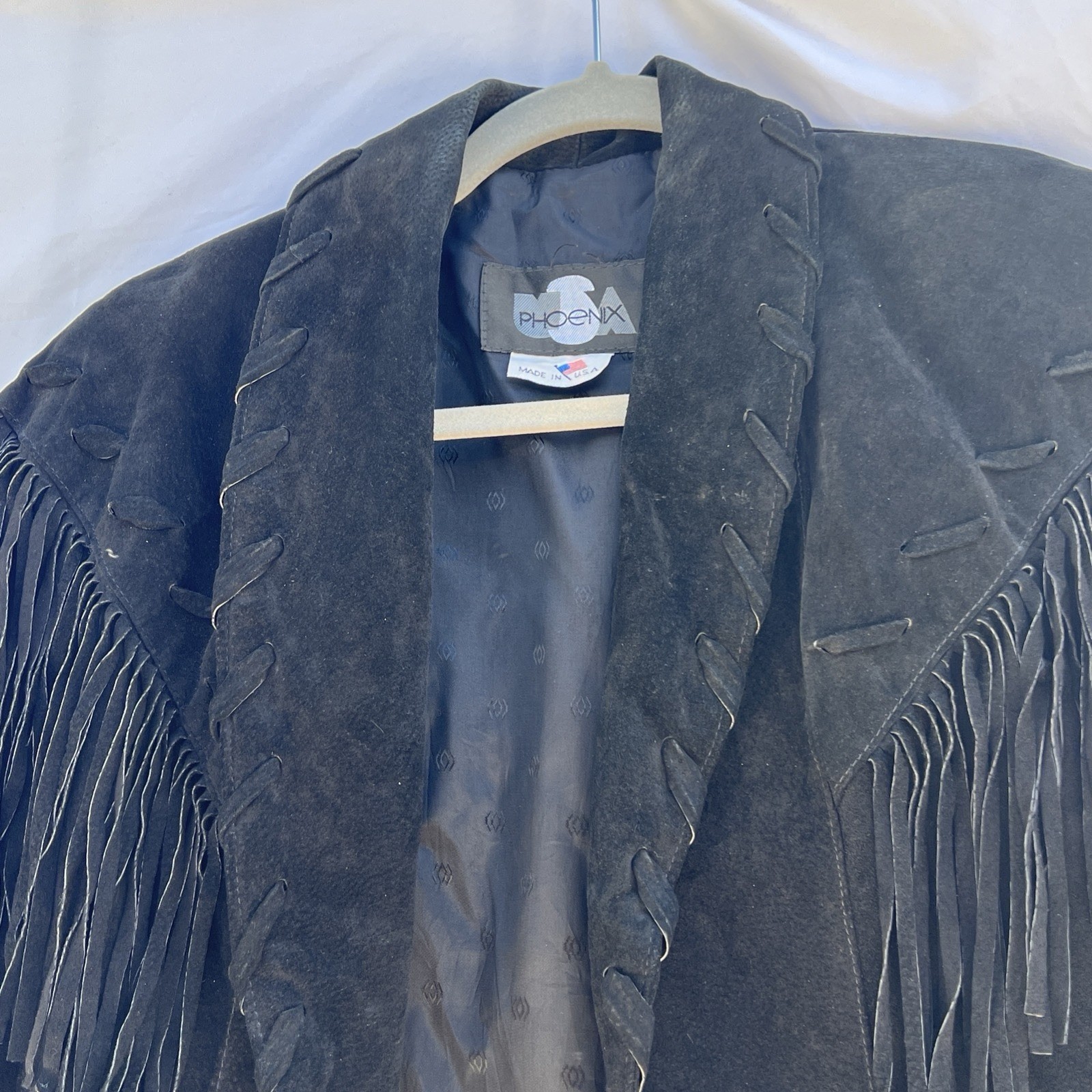 Vtg Phoenix Black Suede Fringe Western Jacket Cropped Whipstitching USA Sz M