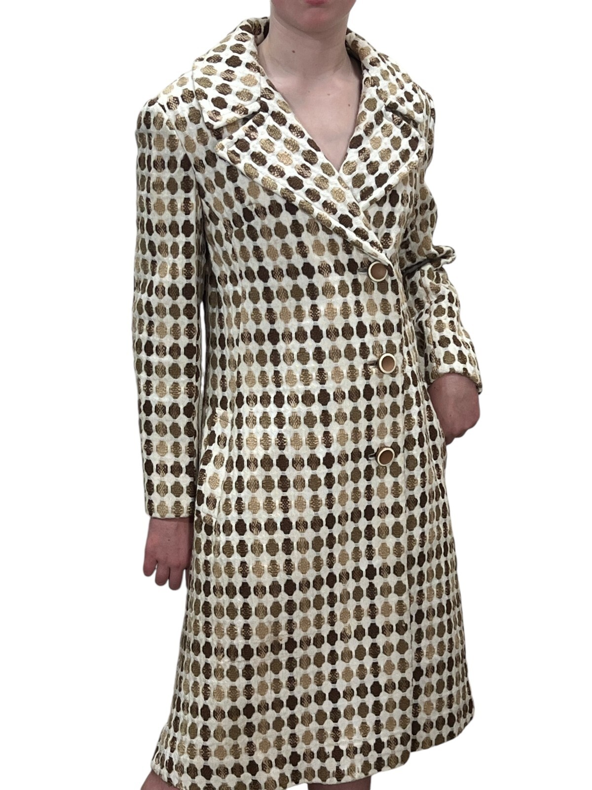 Sz S~M Vtg 60s Coat Ivory Tan Nubby Woven Asymmetrical Betty Rose Princess Seam