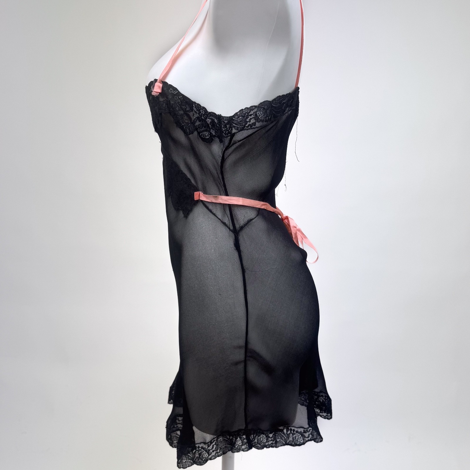 Vintage 1920s Black Silk Chiffon Bias lace Teddy Lingerie Art Deco Pink Ribbon