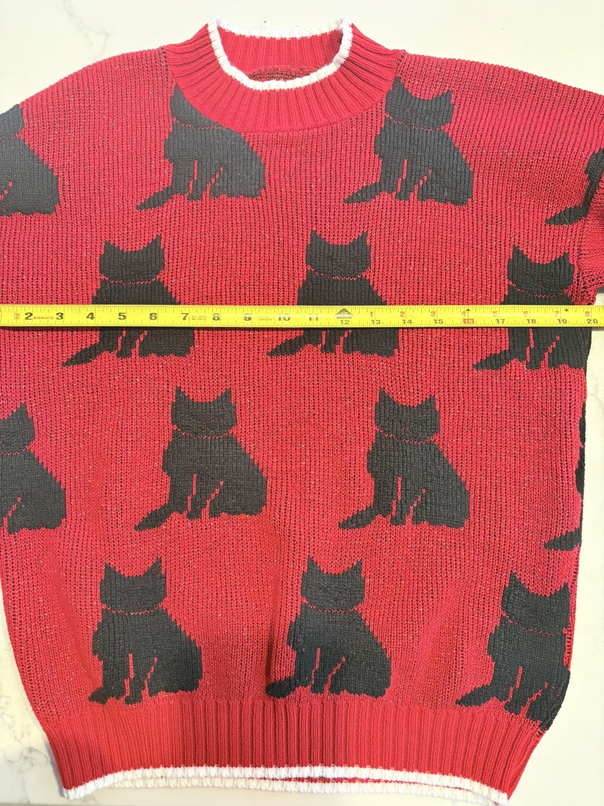 Vintage Red Metallic Cat Sweater with Black Cats and White Hearts Arielle Style