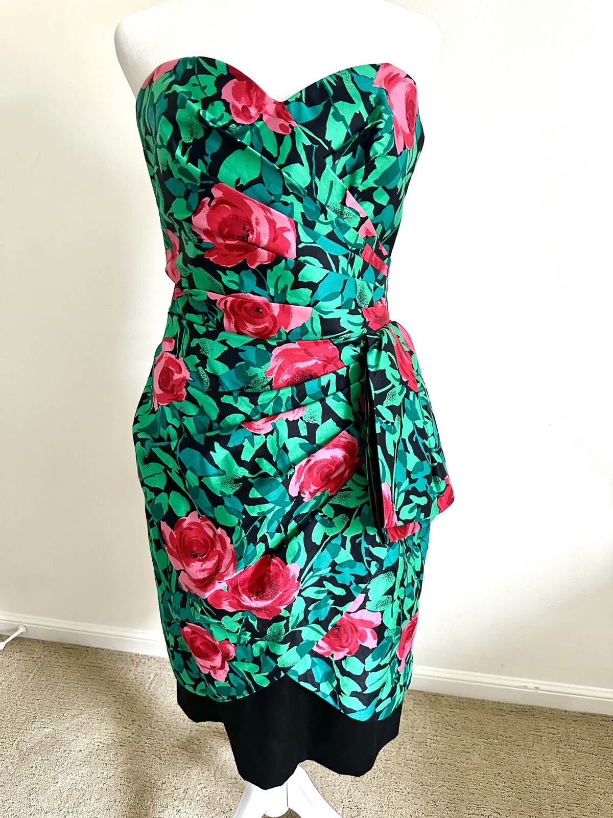80s 90s Vintage Cocktail Party Dress Floral Strapless AJ Bari Small