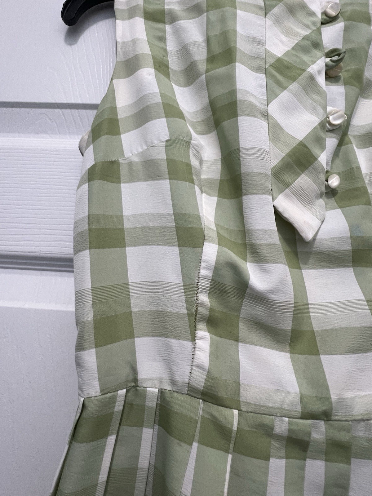 Vintage 1940-50’s Green Gingham Check Dress Zip Pleated No Sleeves XS Homemade