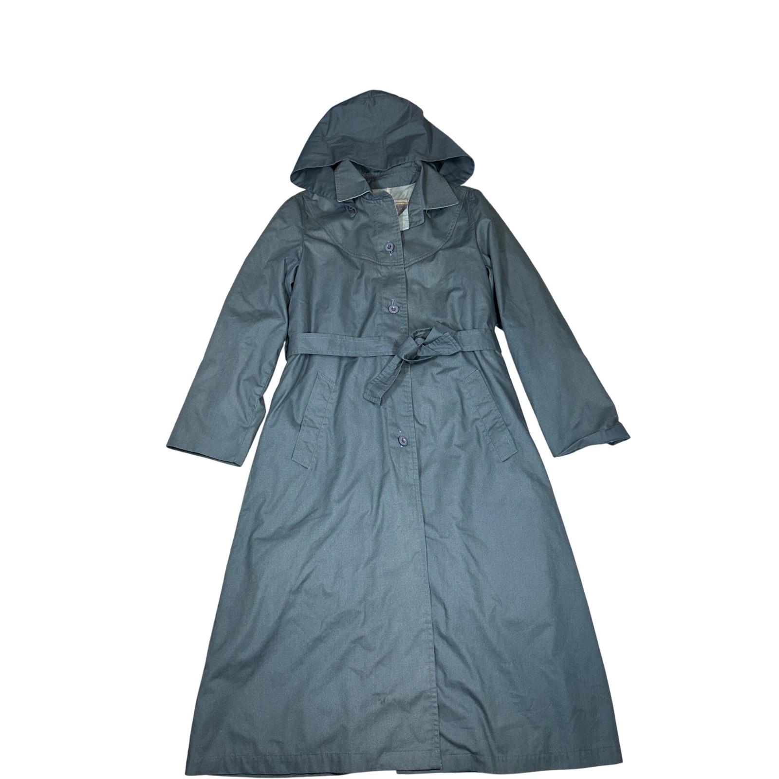 Vintage 70s Trench Coat London Fog Slate Blue Gray Hooded Lined Womens 6 Reg