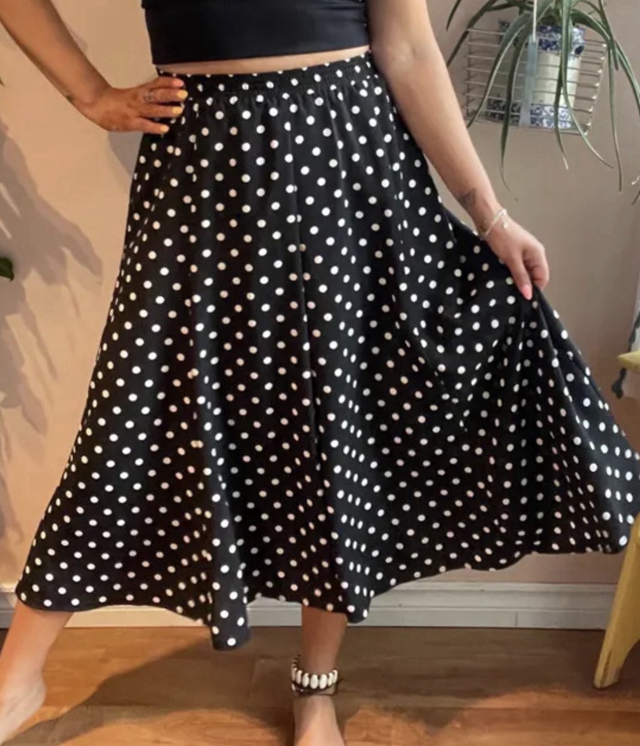 VTG Tan Jay Women’s Black & White Polka Dots Elastic Waist Midi Flowy Skirt 14