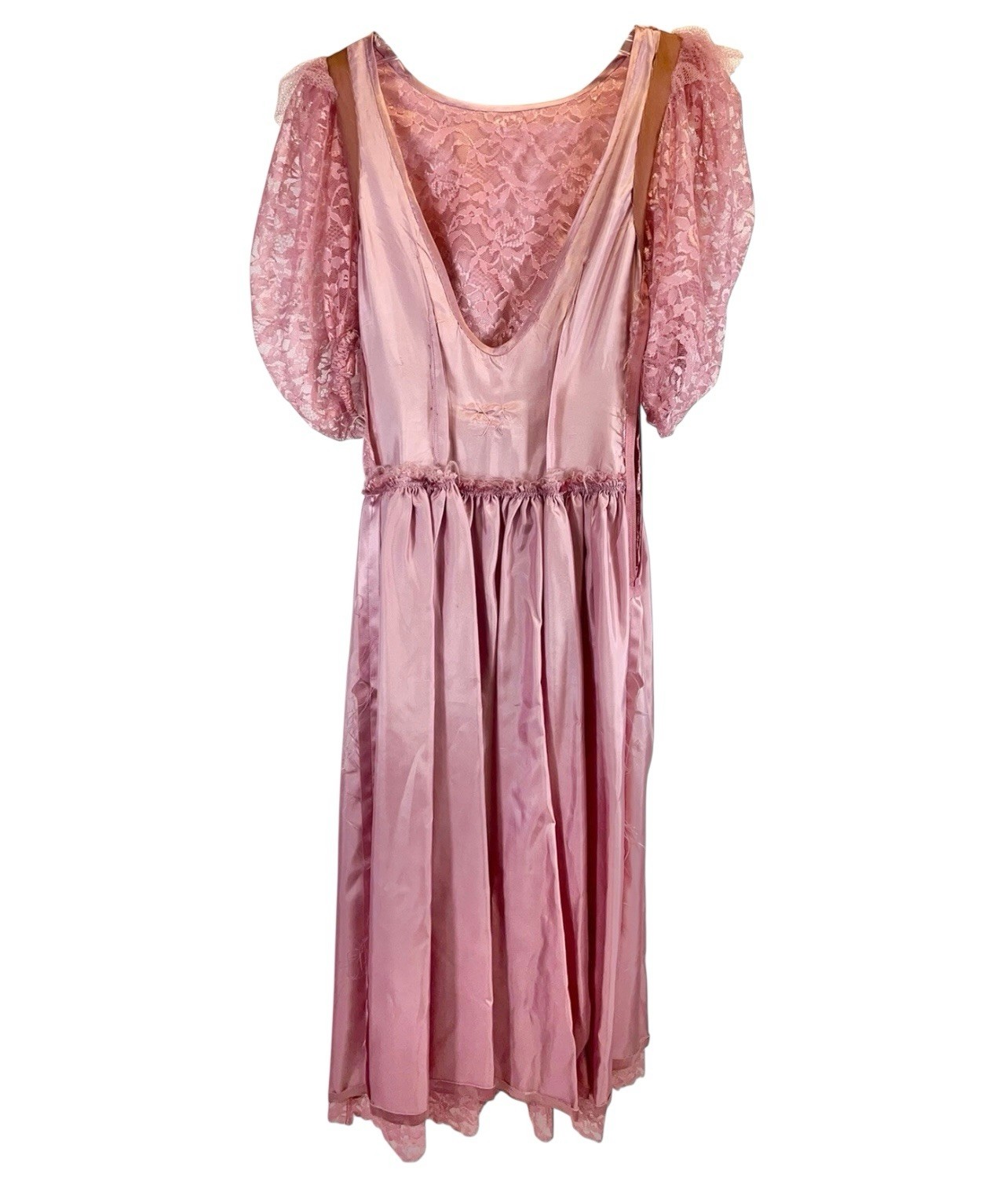 VINTAGE 1980s PRETTY PINK LACE NEW WAVE PUFF SLEEVE PROM PARTY DRESS VICTORIAN