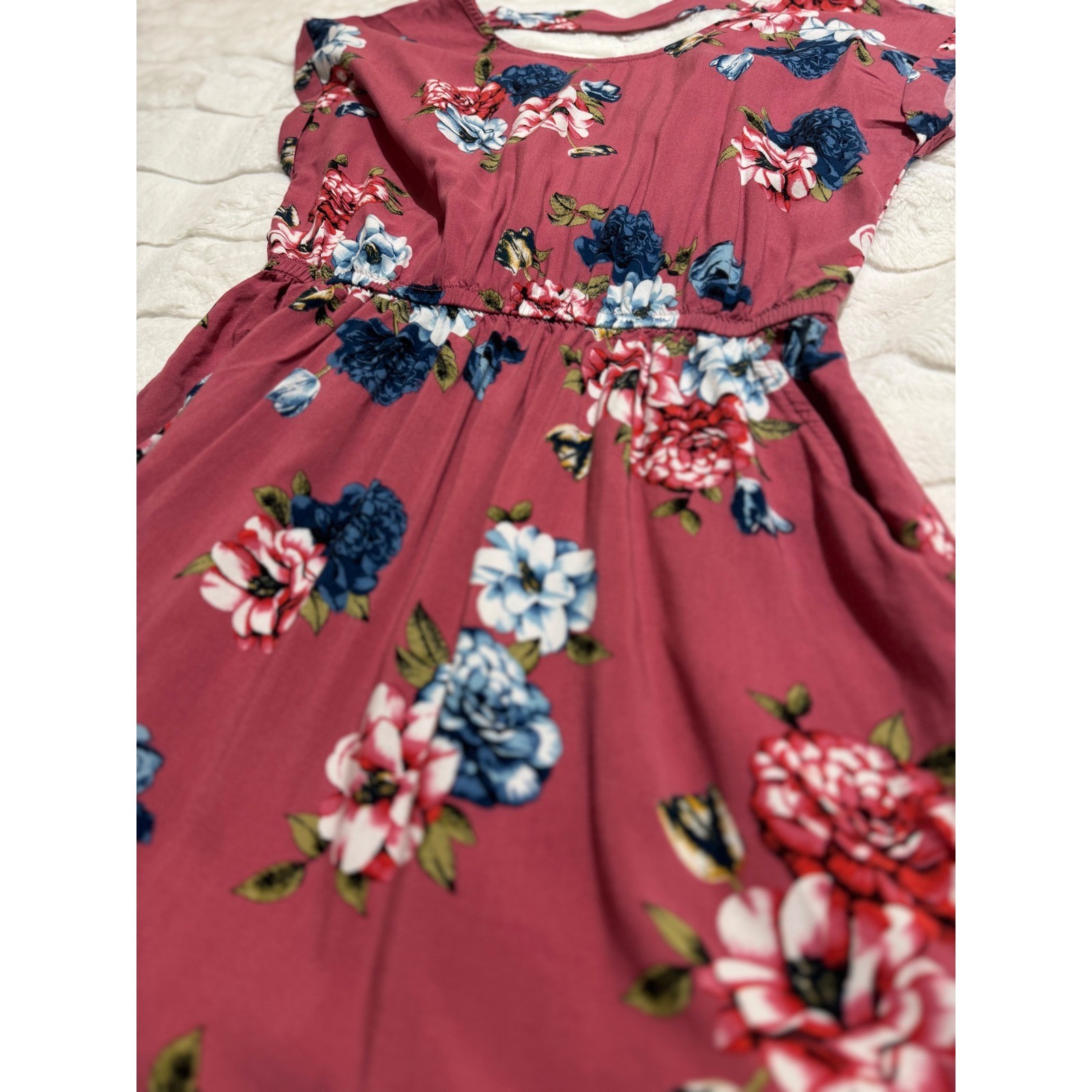 Pink Rose Vintage Floral Dress Medium Mauve Pink Boho Pocket Fit & Flare Rayon