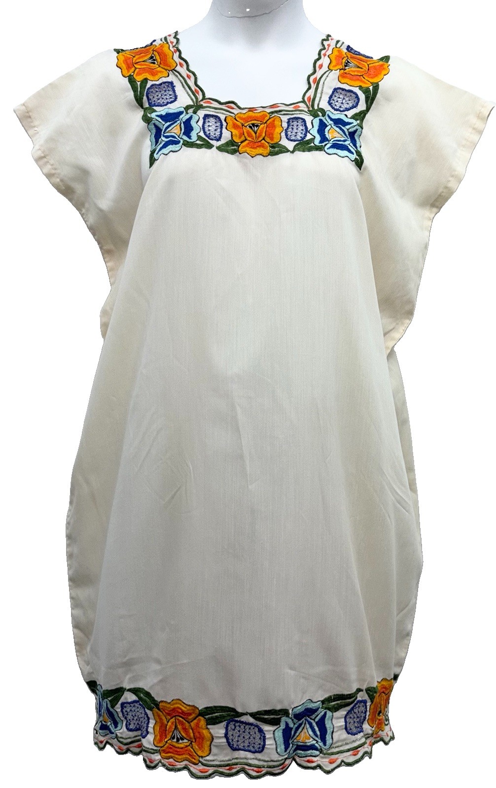Handmade Mexican Dress Size L Pullover Embroidered Floral Neck-Bottom Hem Beige