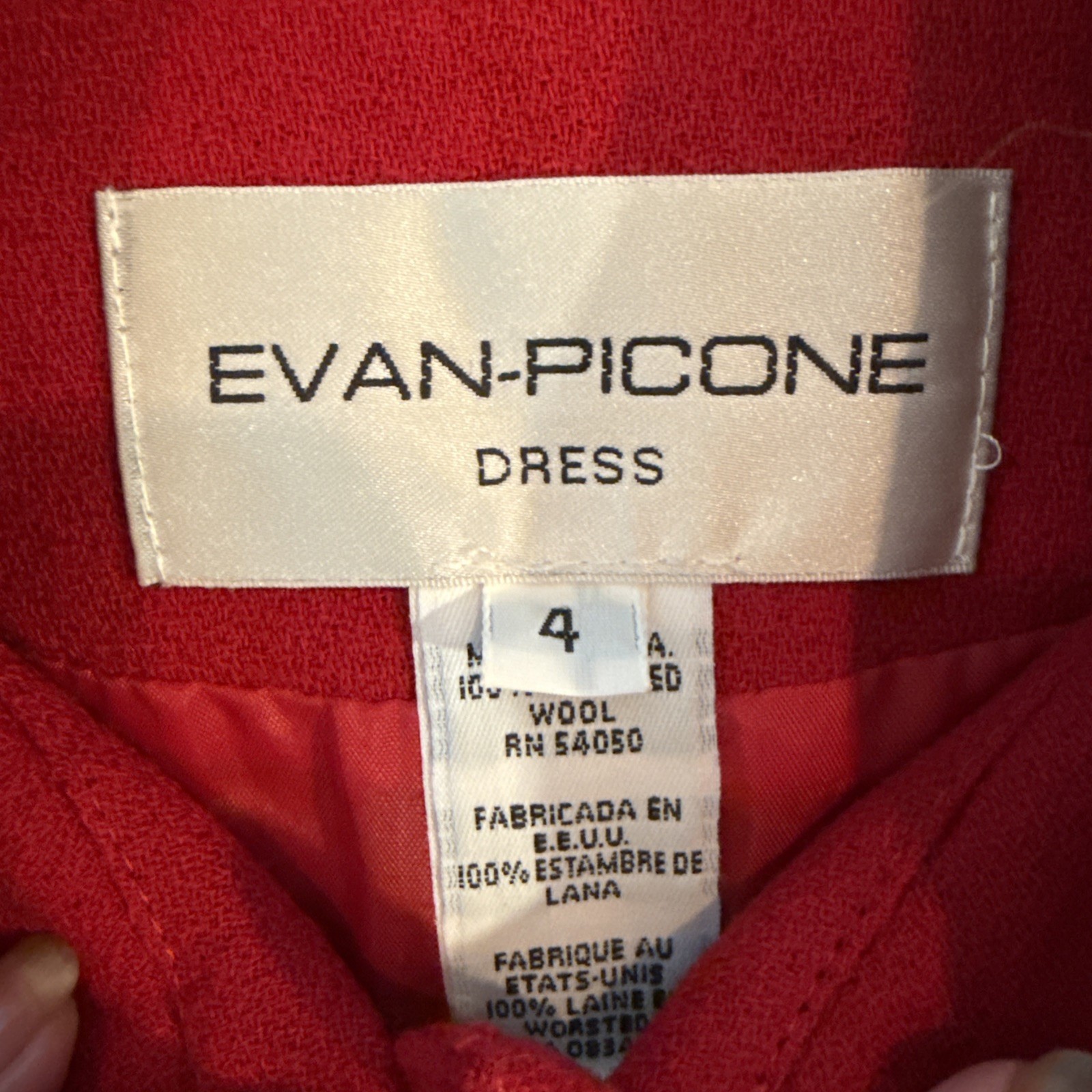 VTG Evan Picone Red Wool Dress Mandarin Collar Blk Trim 80s Power Dress Sz. 4