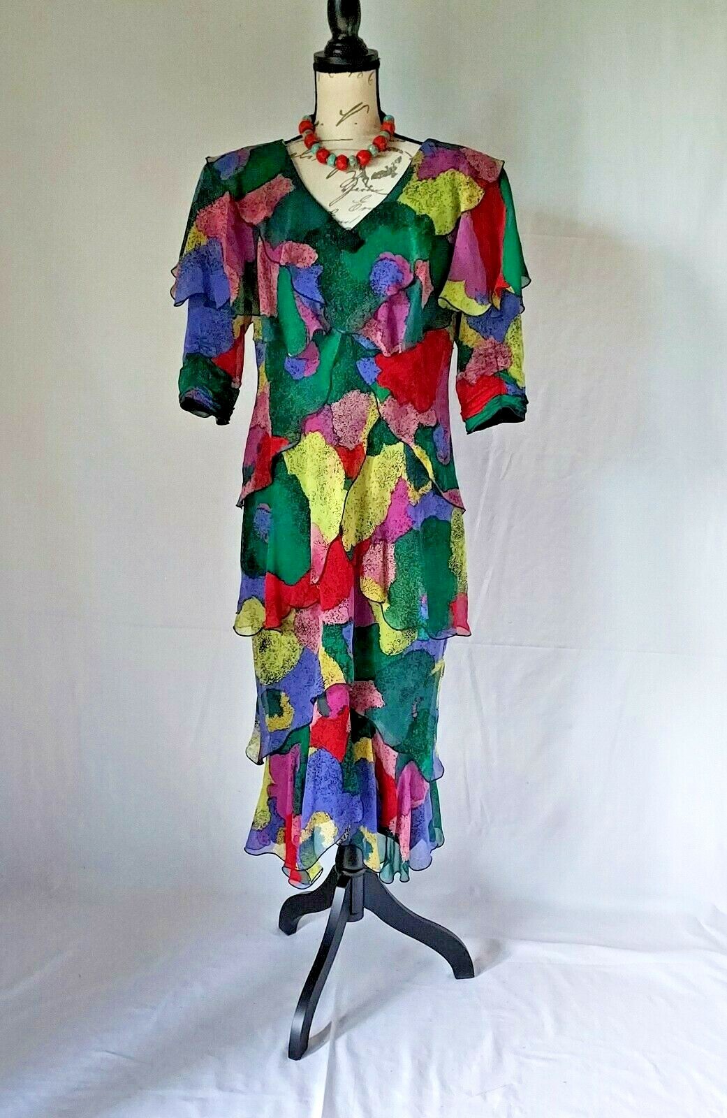 Vintage Holly Harp Chiffon Ruffle Midi Dress Shoulder Pad Multi-color Chest 36″