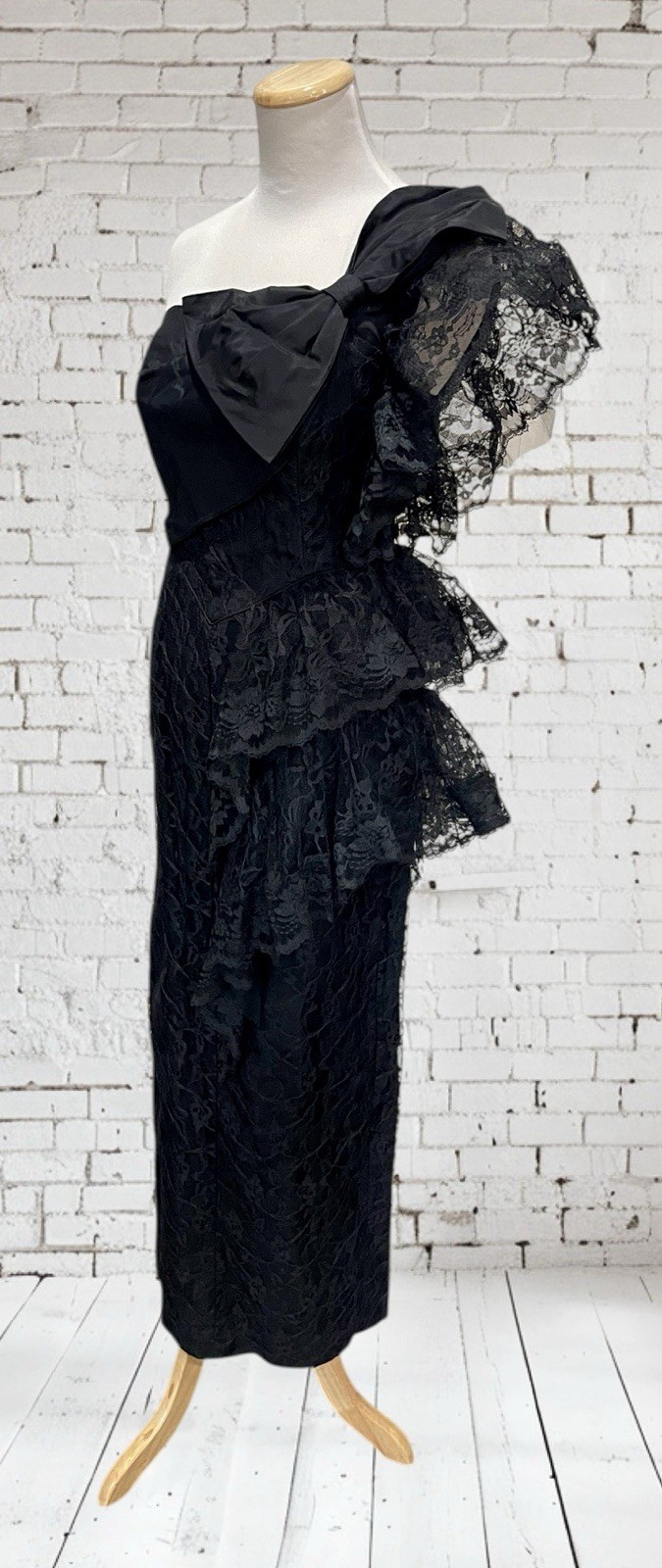 Vtg Climax Karen Okada David Howard Lace Black One Shoulder Bow Party Prom 3/4