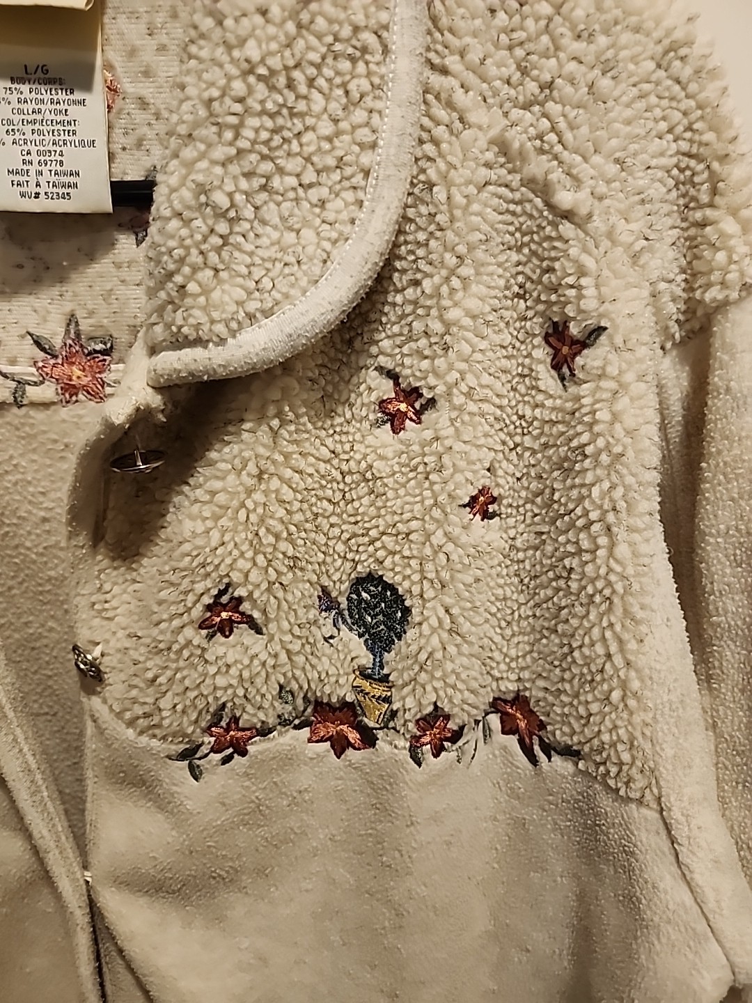 Northern Reflections Sz L Cream Gray Blend Fleece Embroidered Flowers Jacket