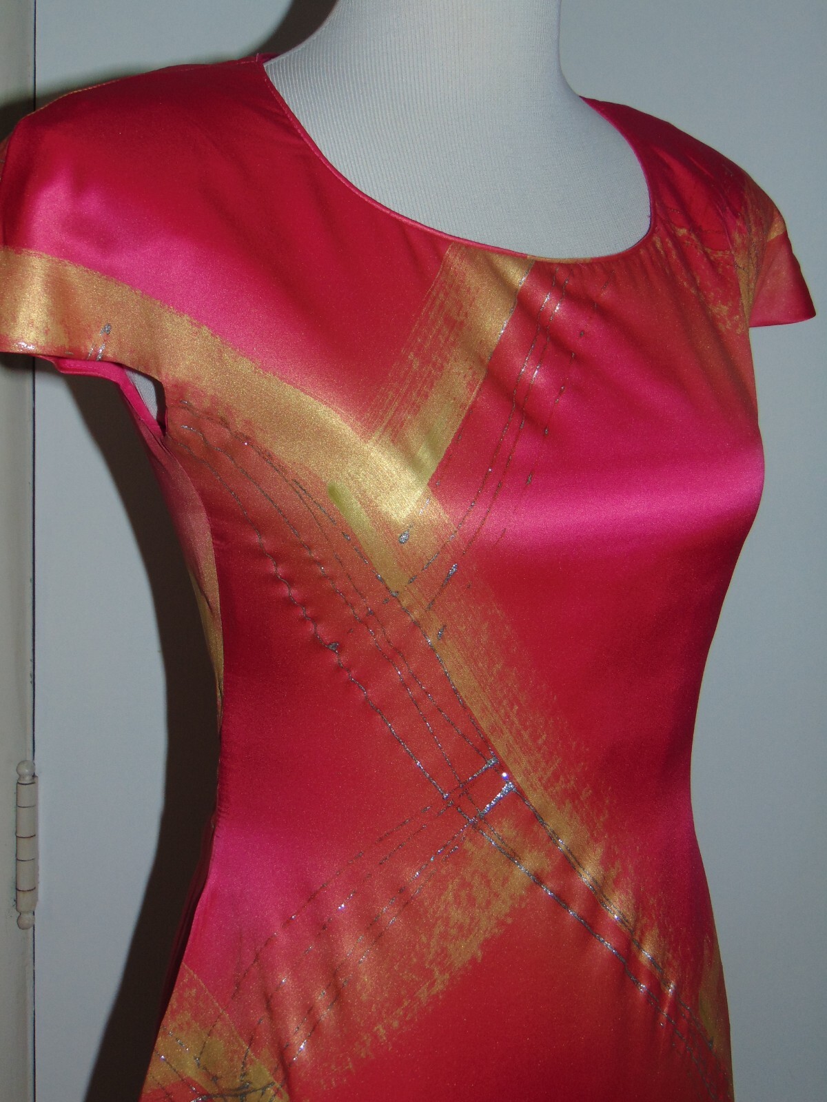 William Pearson Designer Vintage Dress Cheongsam Slit Rose Pink Gold Silver sz 6