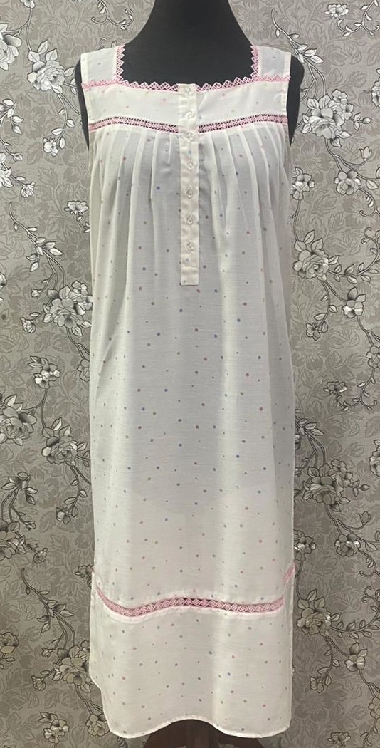 SoieRose 100% Cotton Dotted Victorian Nightgown with Pink Lace Trim-SR-1240