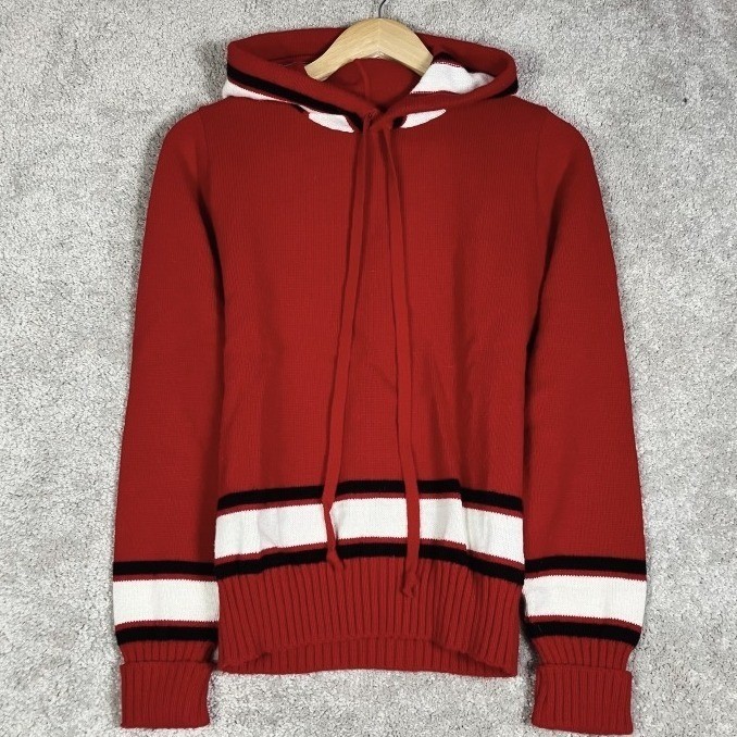 Vintage Cheerleader Hooded Sweater Women 36 Red Orlon Acrylic Knit Striped 70s