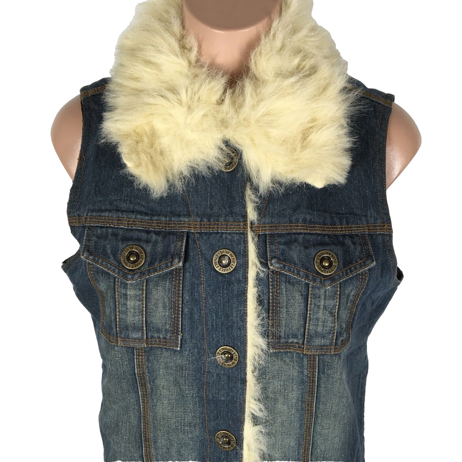 Blue Asphalt Dark Denim Vest Faux fur trim nylon interior VTG 90s y2k Grunge M