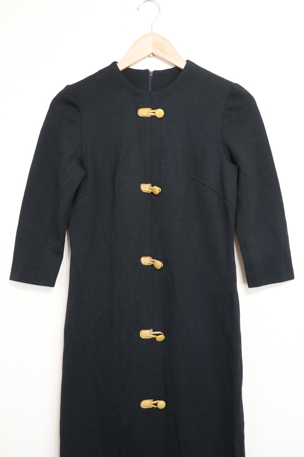 60s Vintage Kay Windsor Black Knit Jersey Yellow Buttons Sheath Dress Women XS S