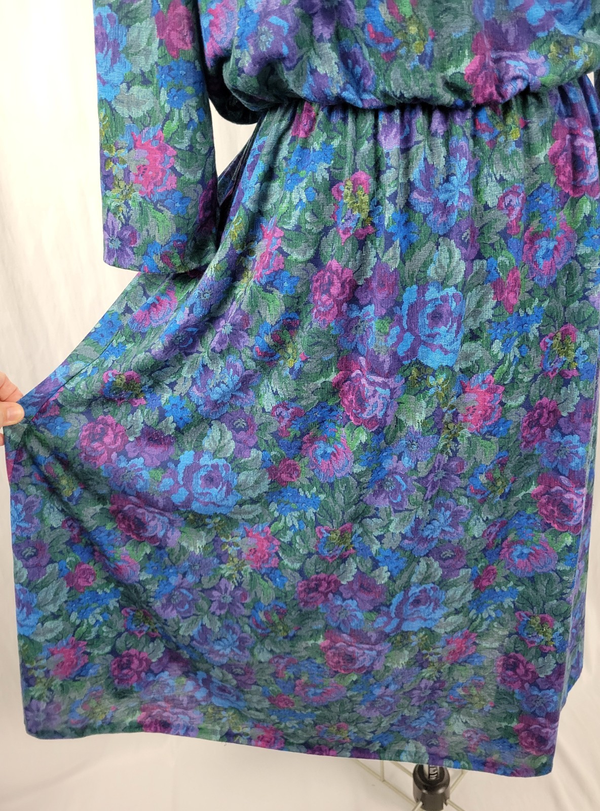Vintage Sue Sherry Green/Purple/Blue/Magenta Floral Blouson Dress Size 16